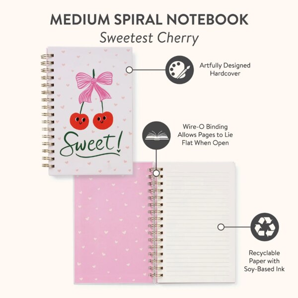 Medium Spiral notebook, Sweetest Cherry. Artfully Designed hardcover, Wire-O binding allows pages to lie flat when open, and Recyclable paper with soy-based ink